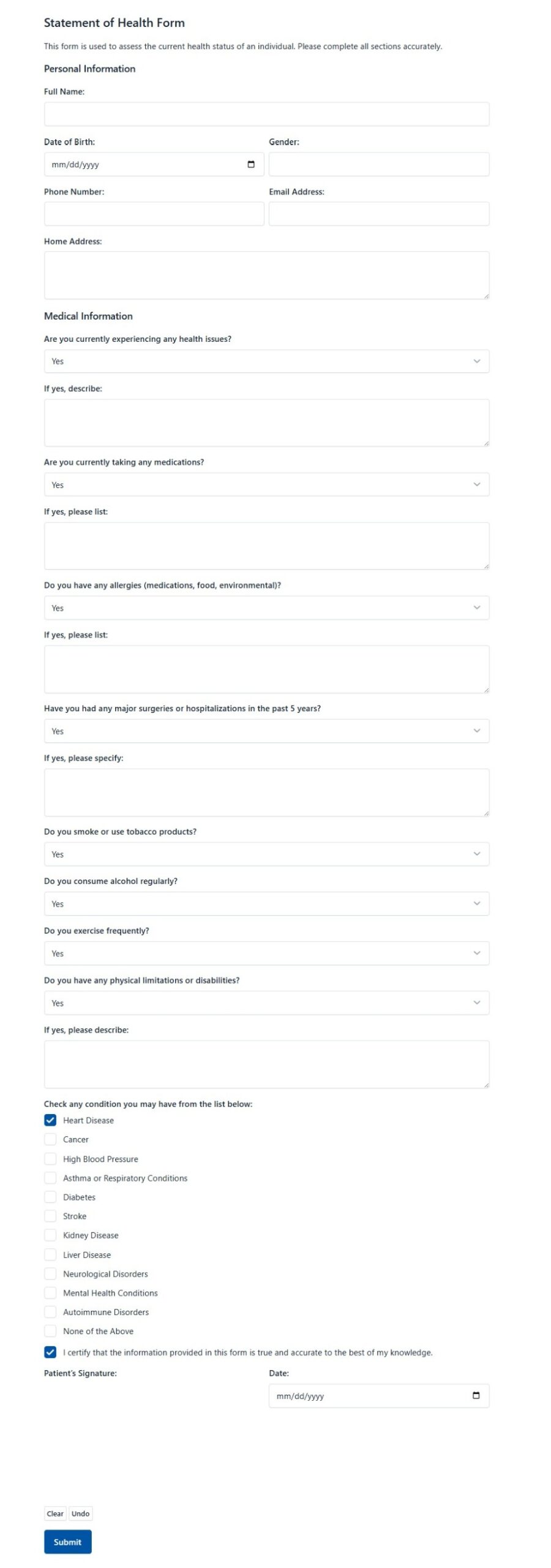 Statement Of Health Form