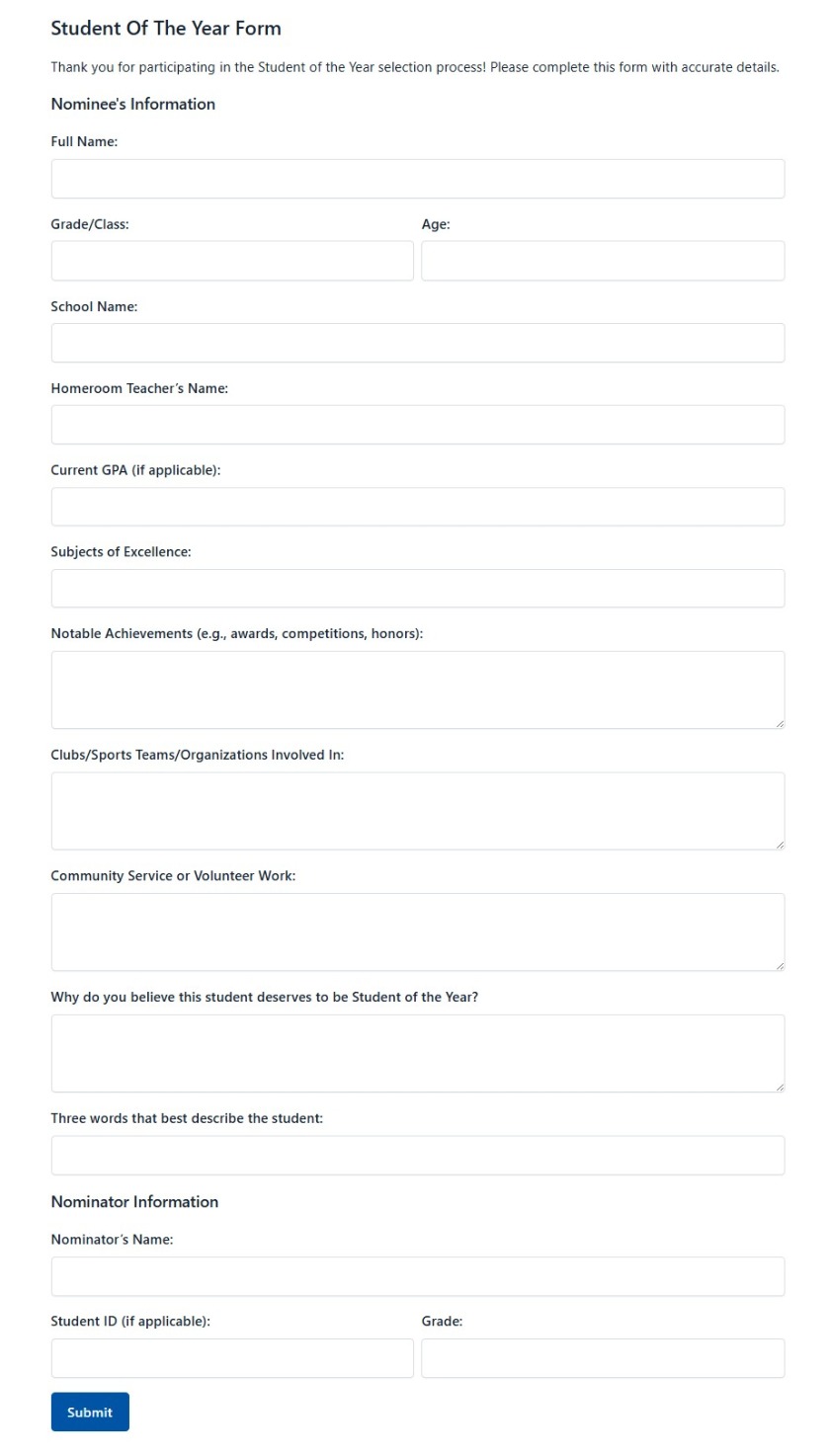 Student Of The Year Form