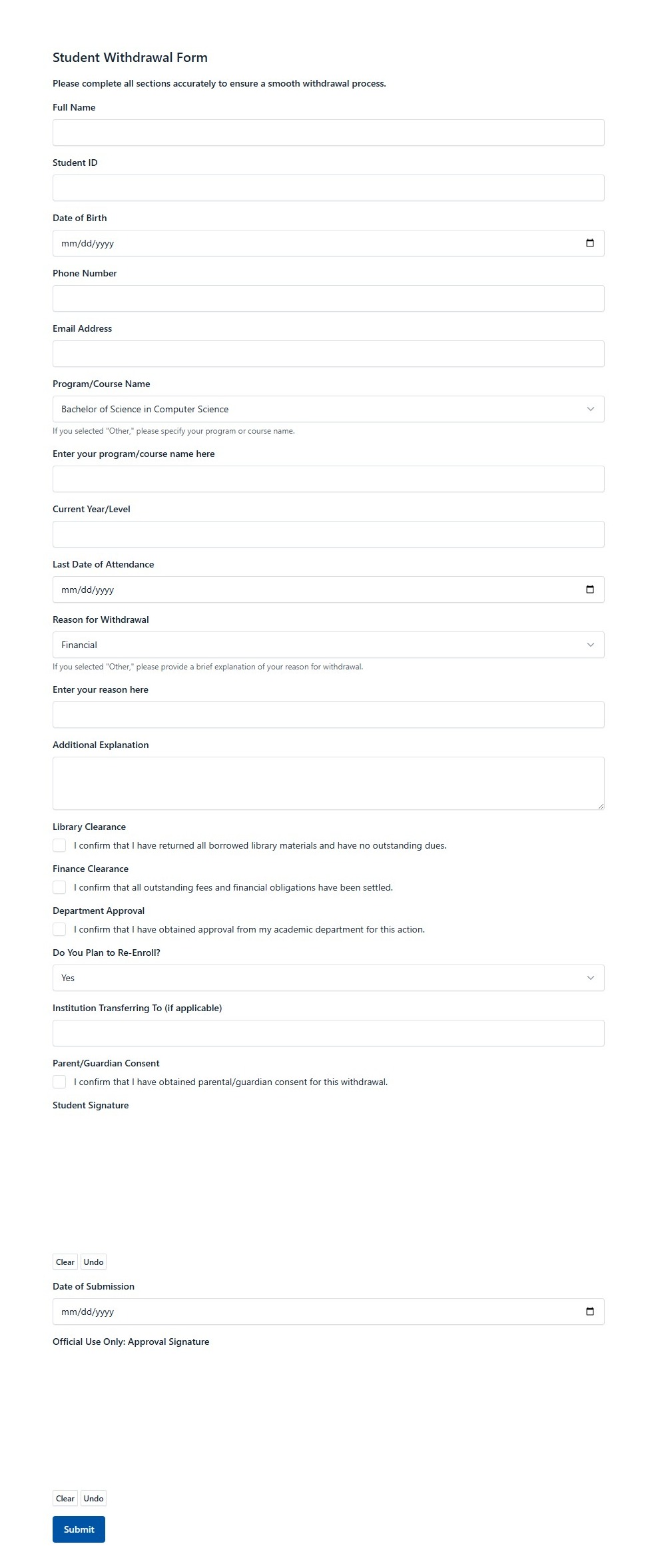 Student Withdrawal Form