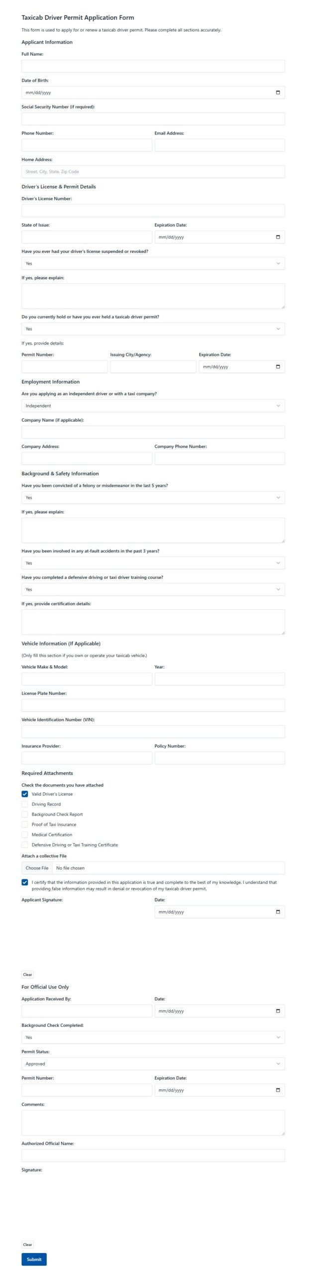 Taxicab Driver Permit Form