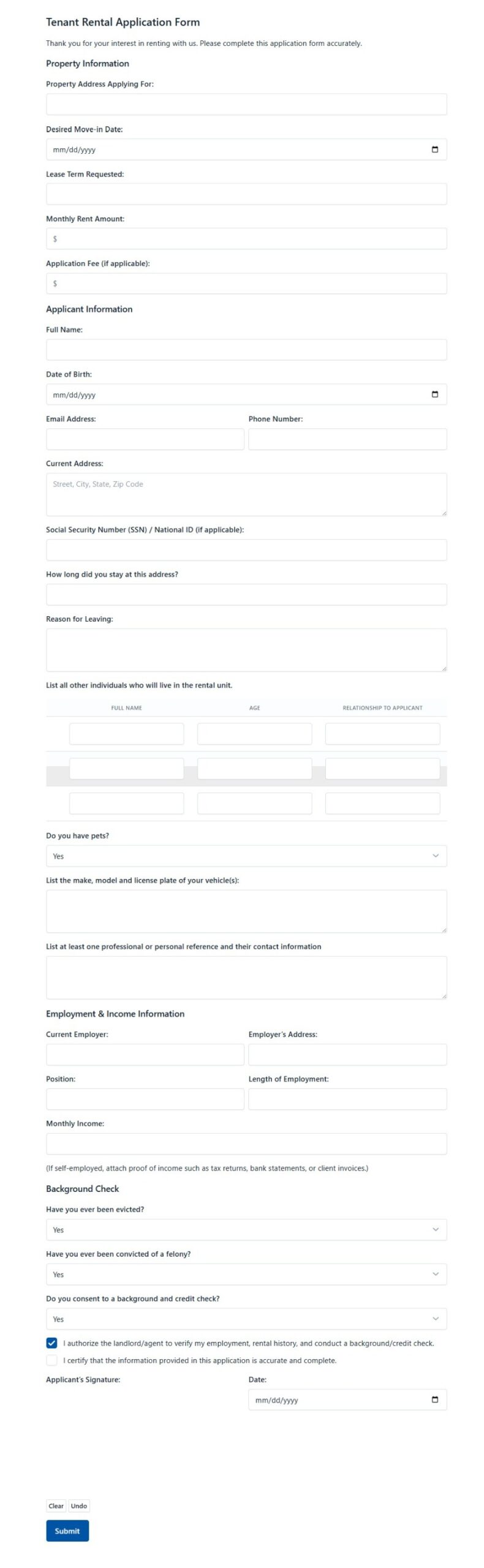 Tenant Rental Application
