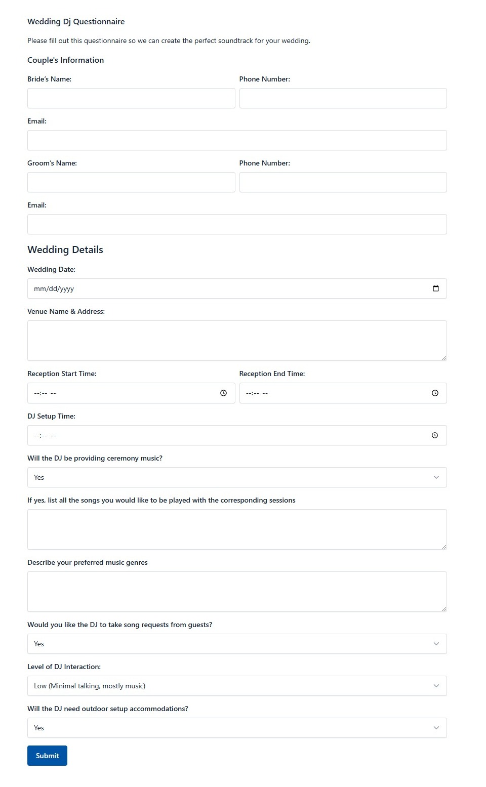 Wedding Dj Questionnaire