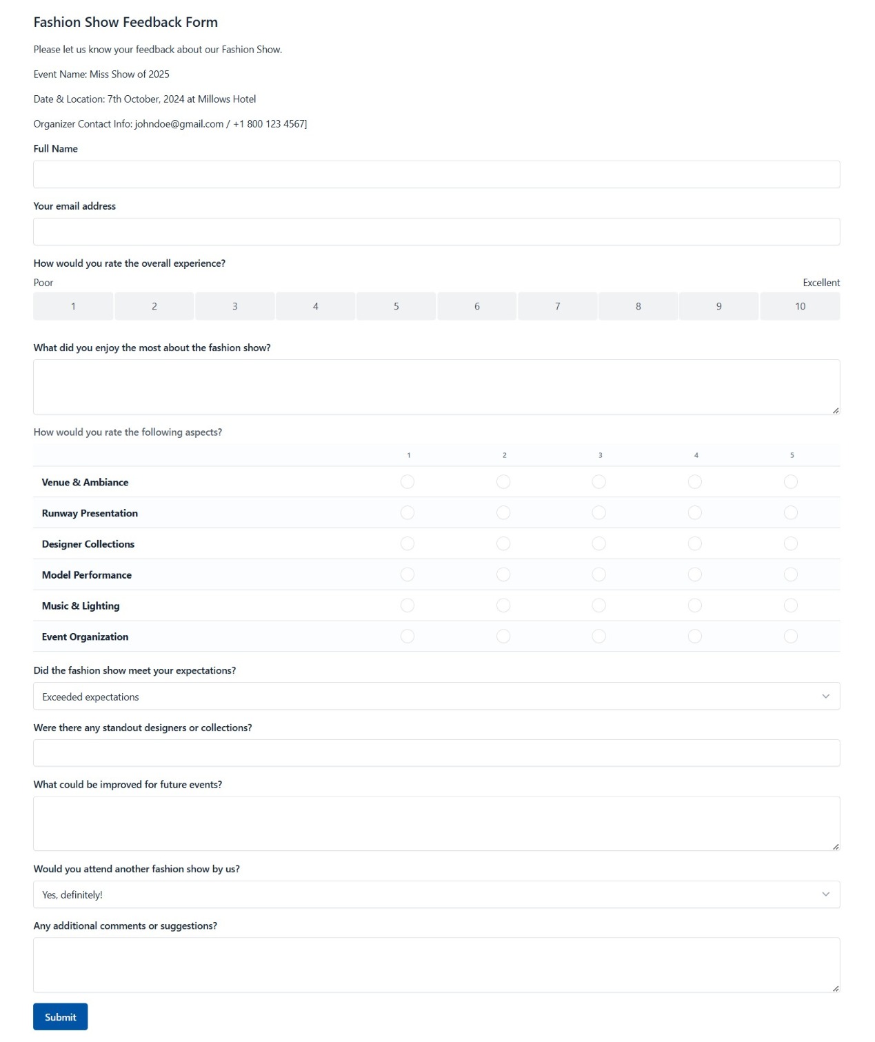 fashion show feedback form template