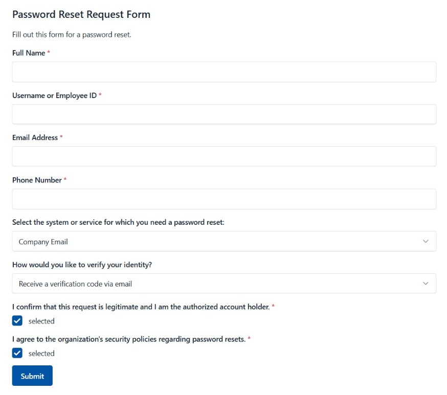 password reset request form