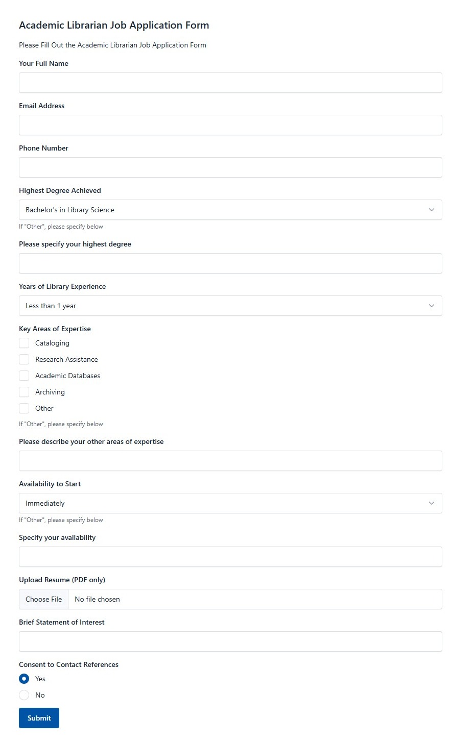 Academic Librarian Job Application Form