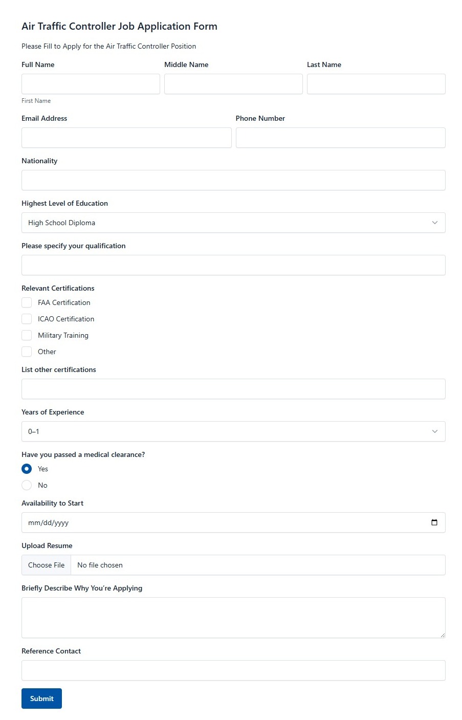 Air Traffic Controller Job Application Form