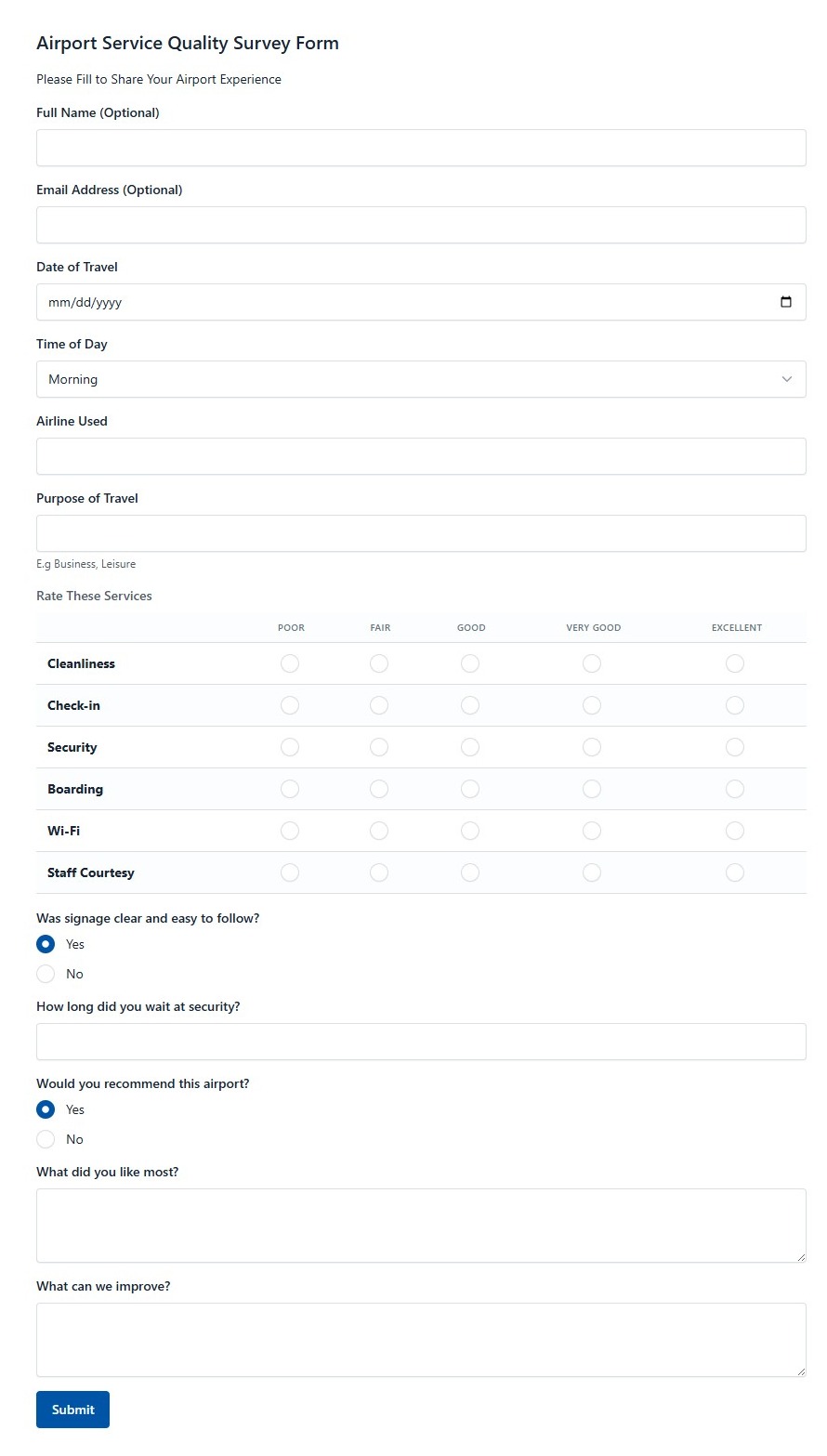 Airport Service Quality Survey Form