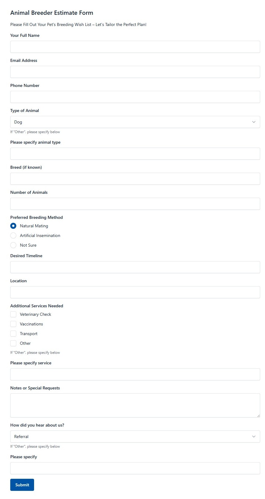Animal Breeder Estimate Form