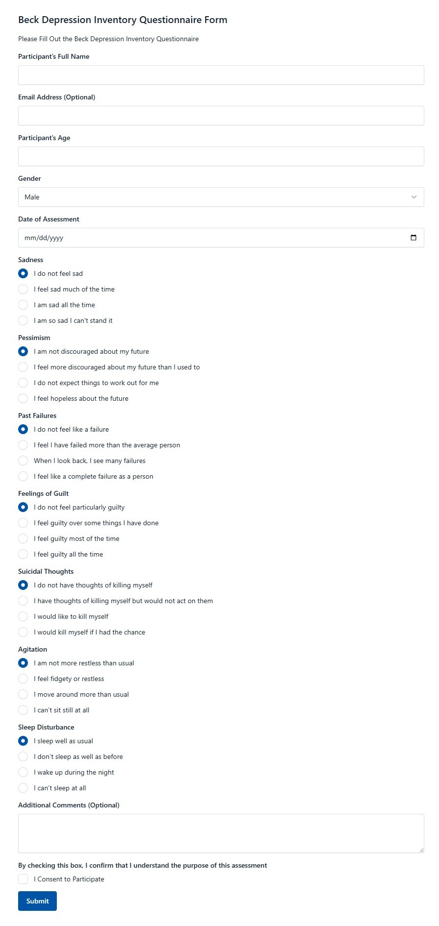Beck Depression Inventory Questionnaire Form