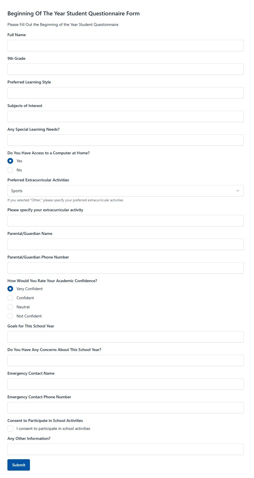 Beginning Of The Year Student Questionnaire Form