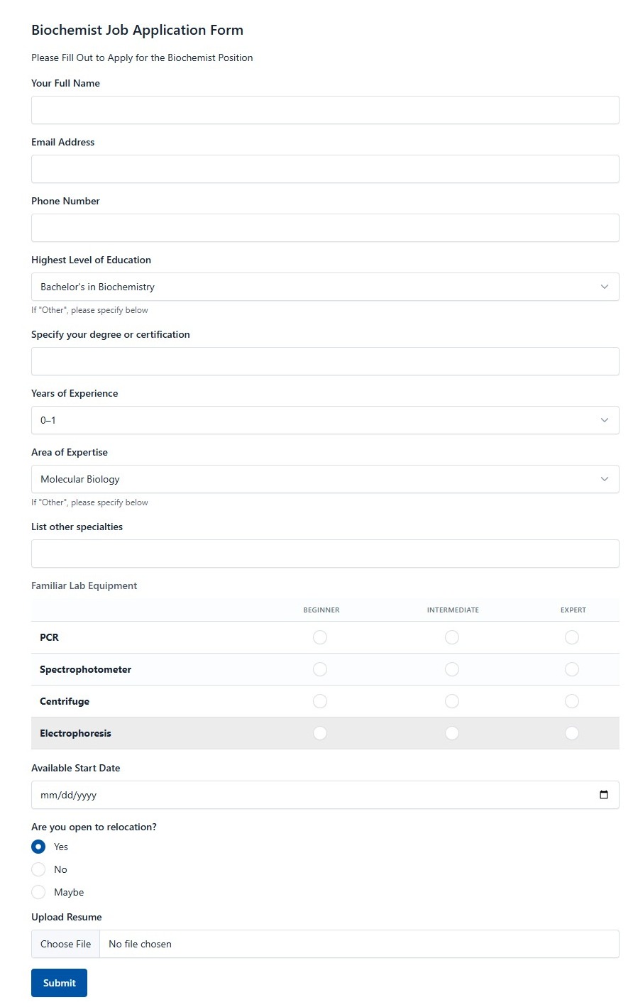 Biochemist Job Application Form