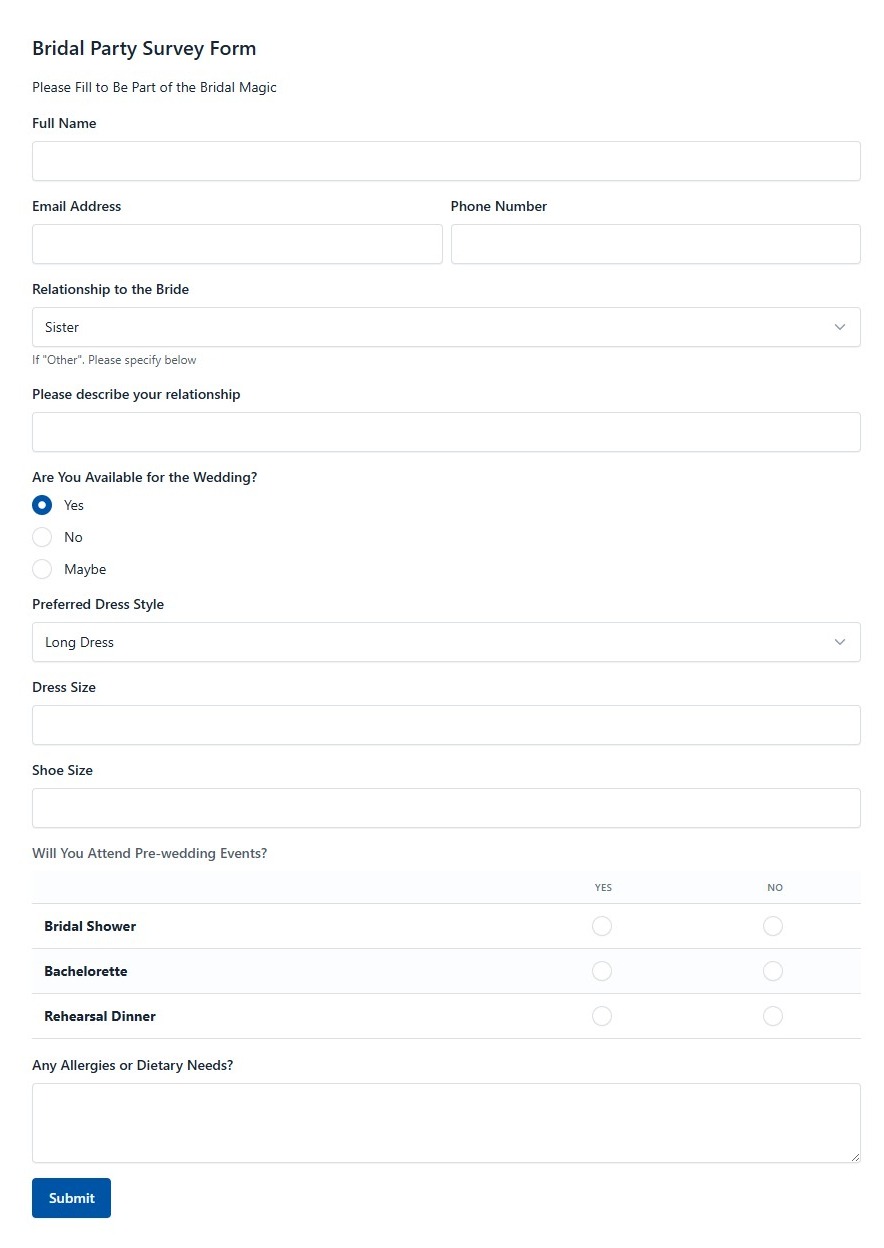 Bridal Party Survey Form