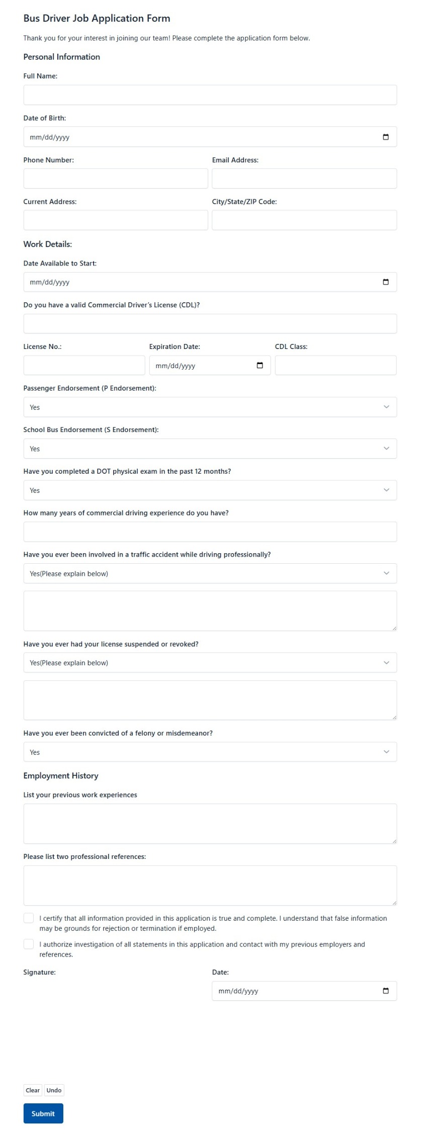 Bus Driver Job Application Form