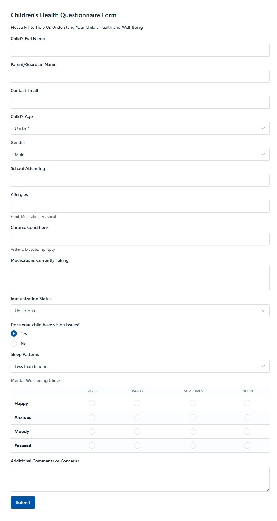 Children's Health Questionnaire Form