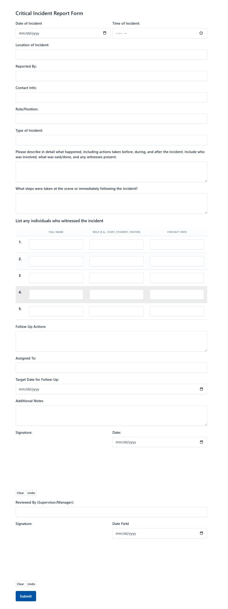 Critical Incident Report Form