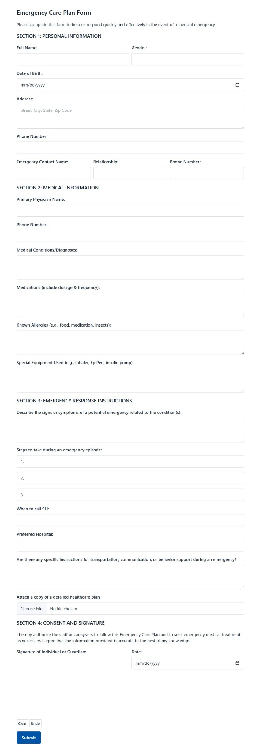 Emergency Care Plan Form