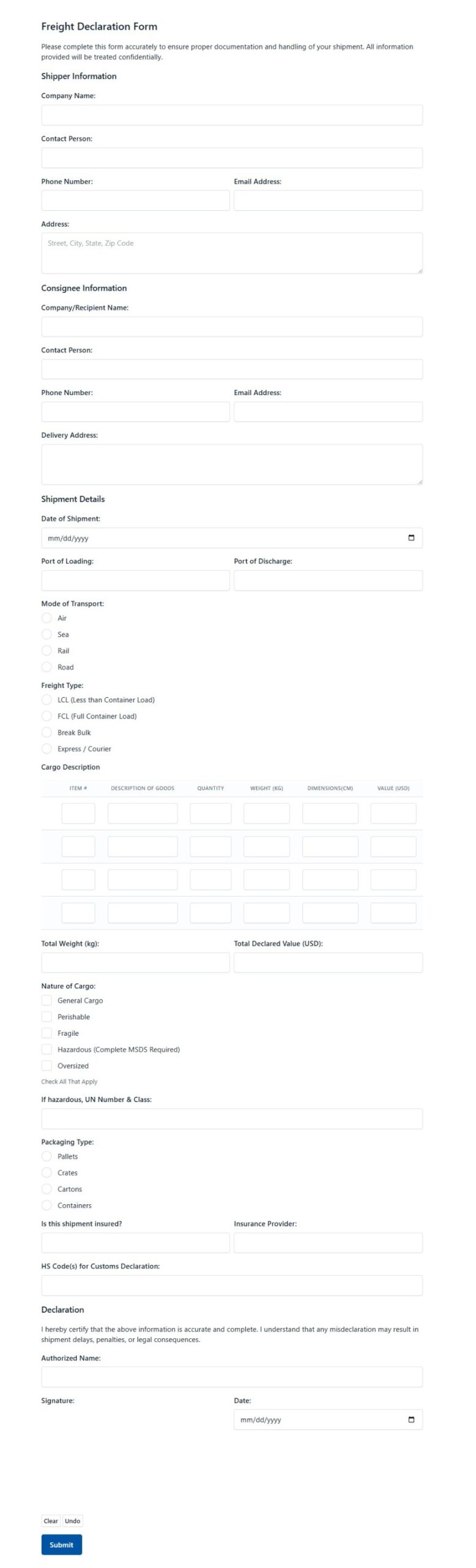 Freight Declaration Form