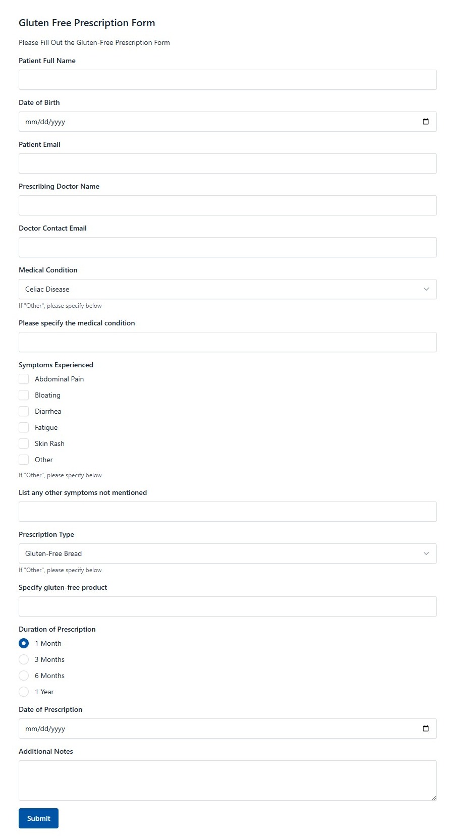 Gluten Free Prescription Form