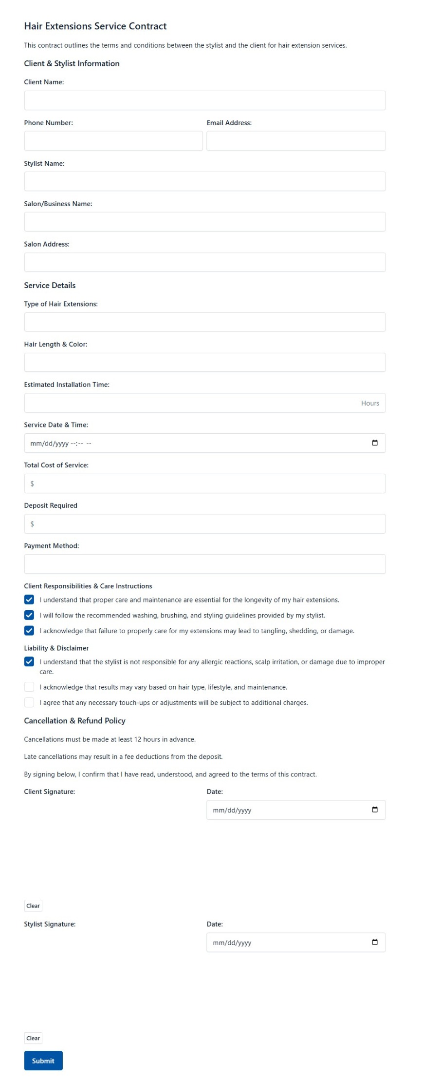 Hair Extensions Service Contract