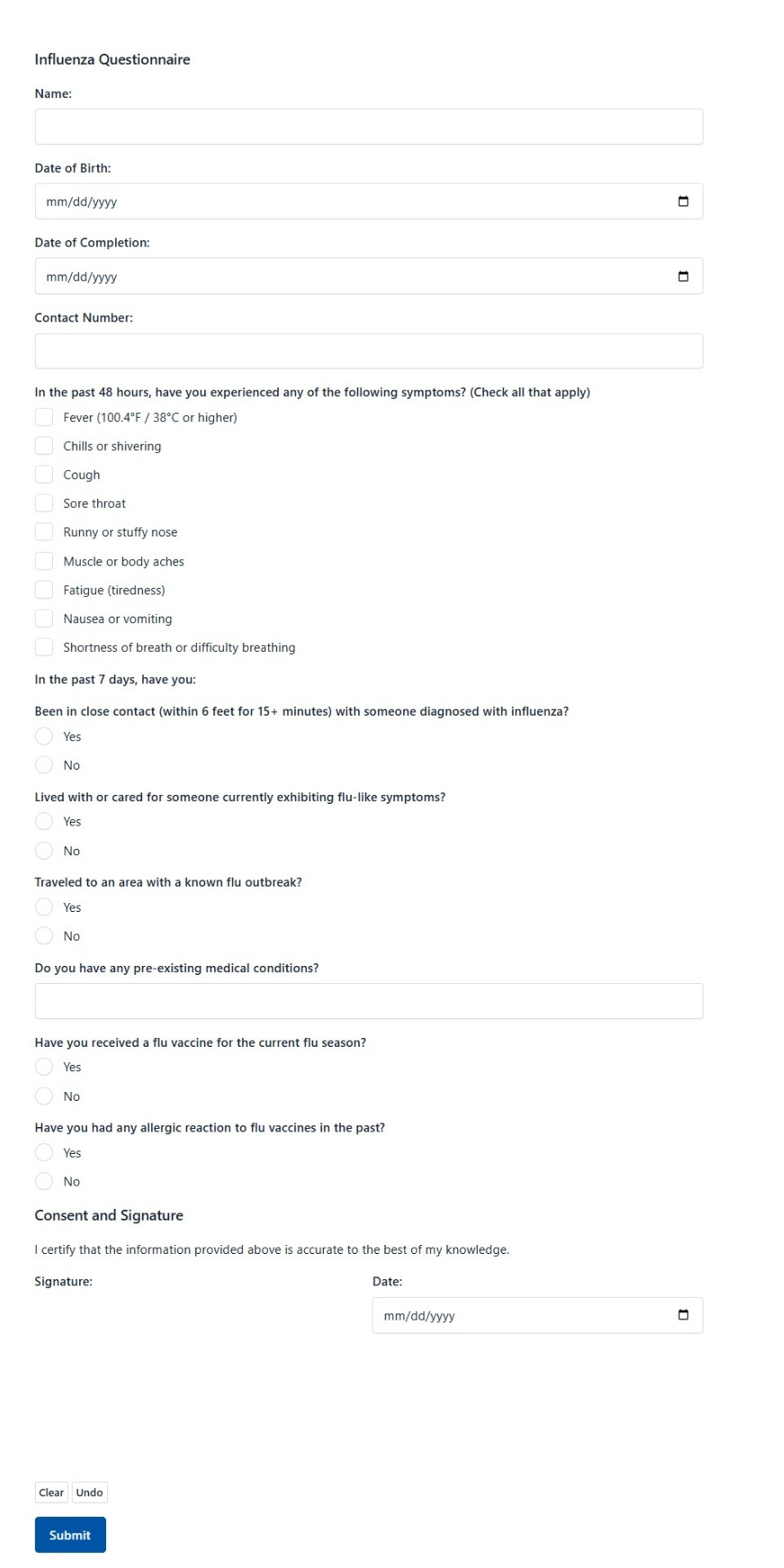 Influenza Questionnaire