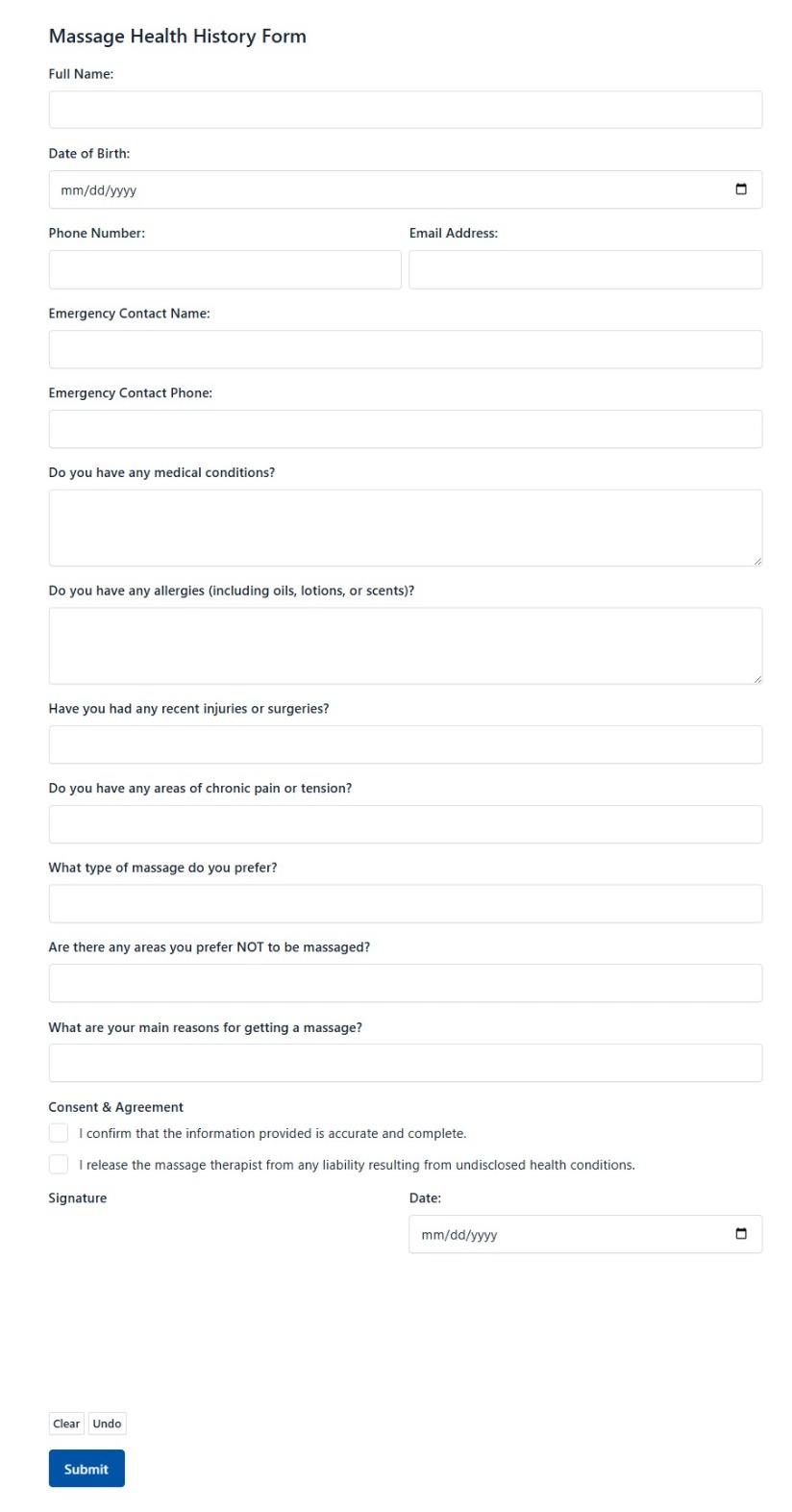 Massage Health History Form