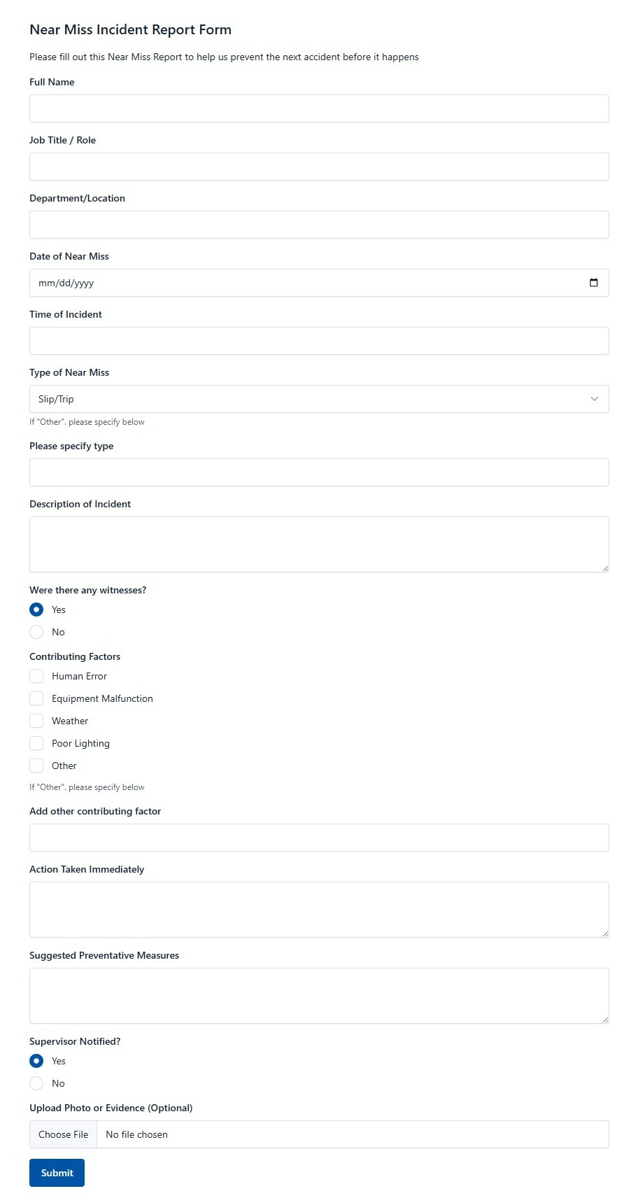Near Miss Incident Report Form