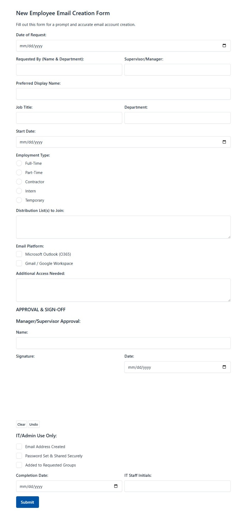 New Employee Email Creation Form