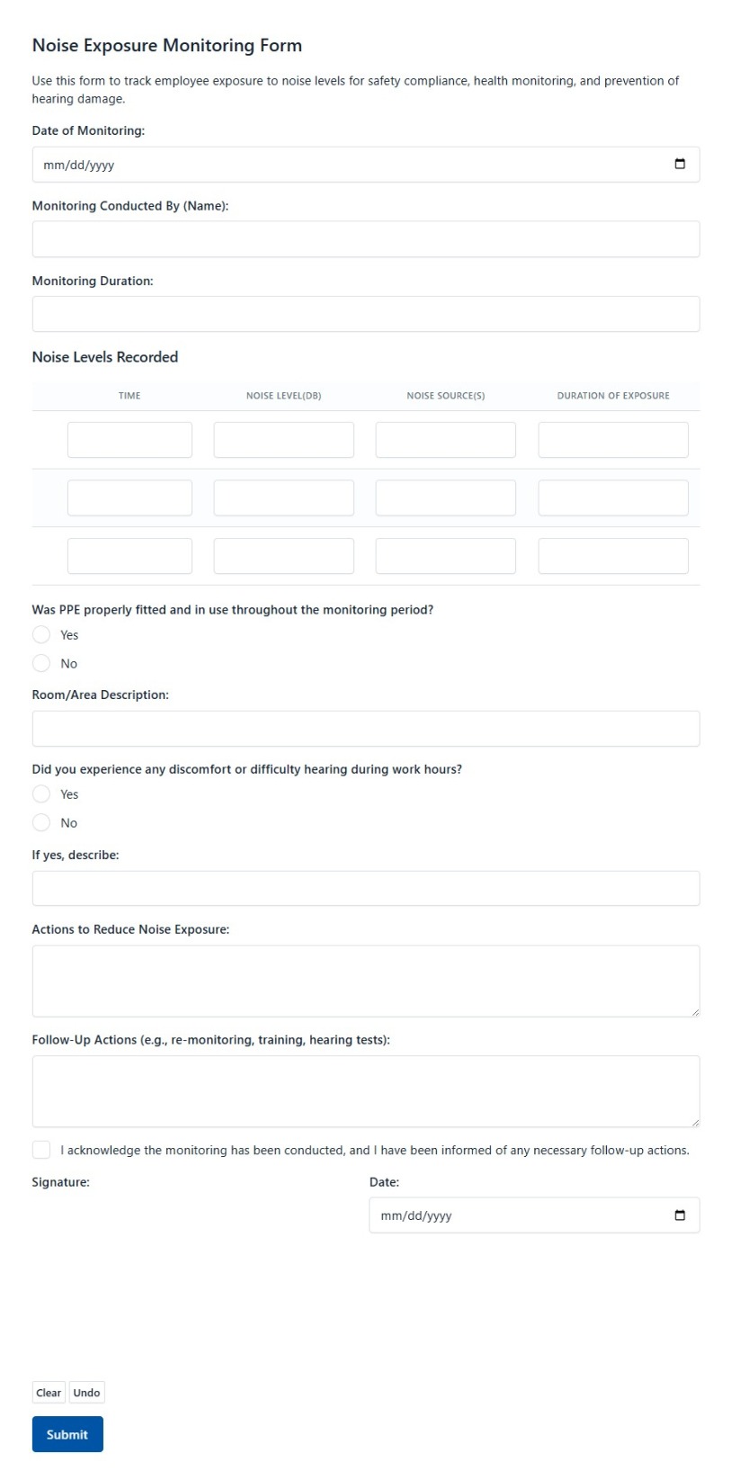 Noise Exposure Monitoring Form