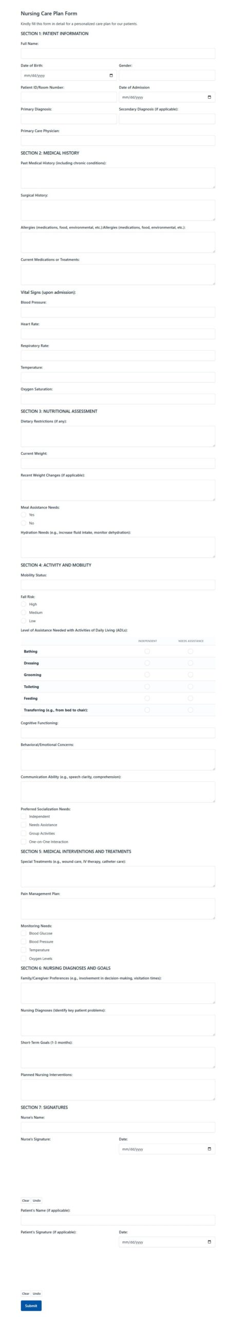 Nursing Care Plan Form