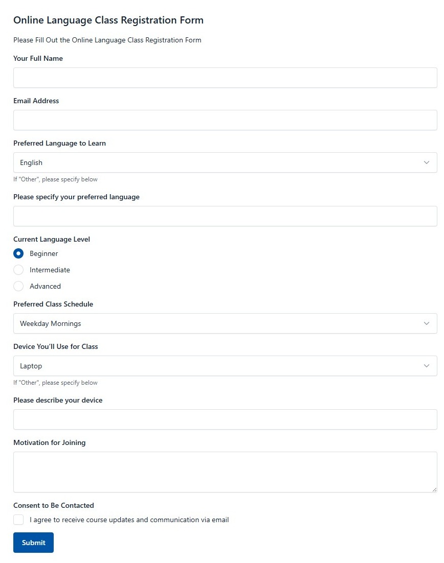 Online Language Class Registration Form