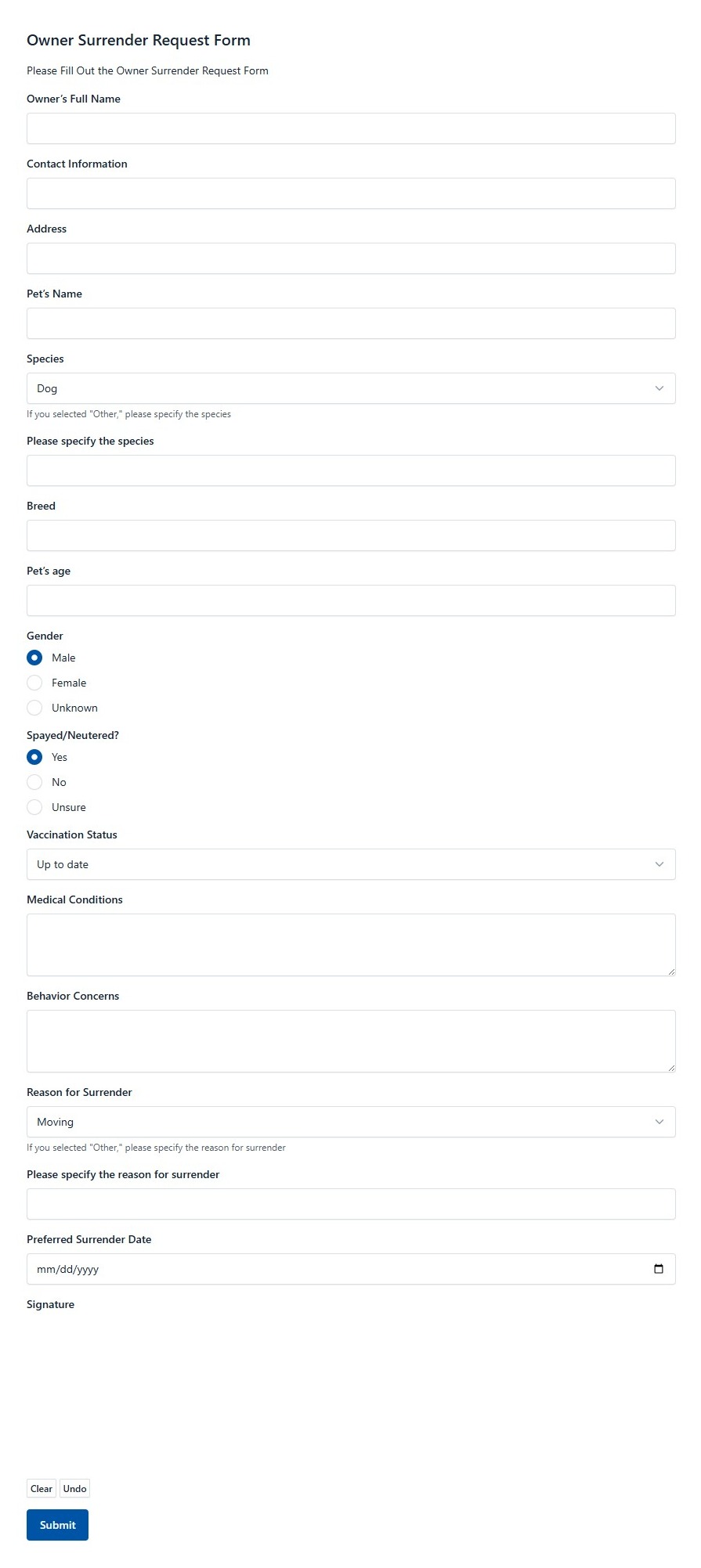 Owner Surrender Request Form