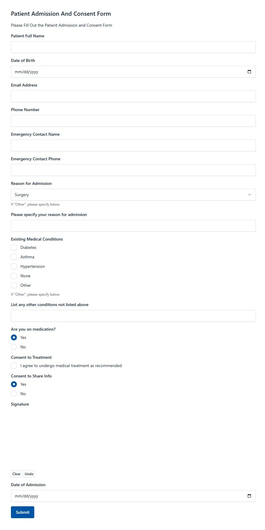 Patient Admission And Consent Form