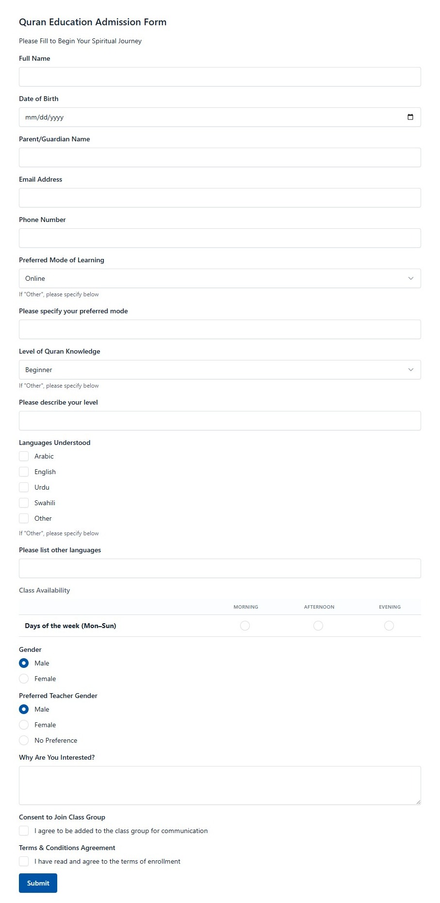 Quran Education Admission Form