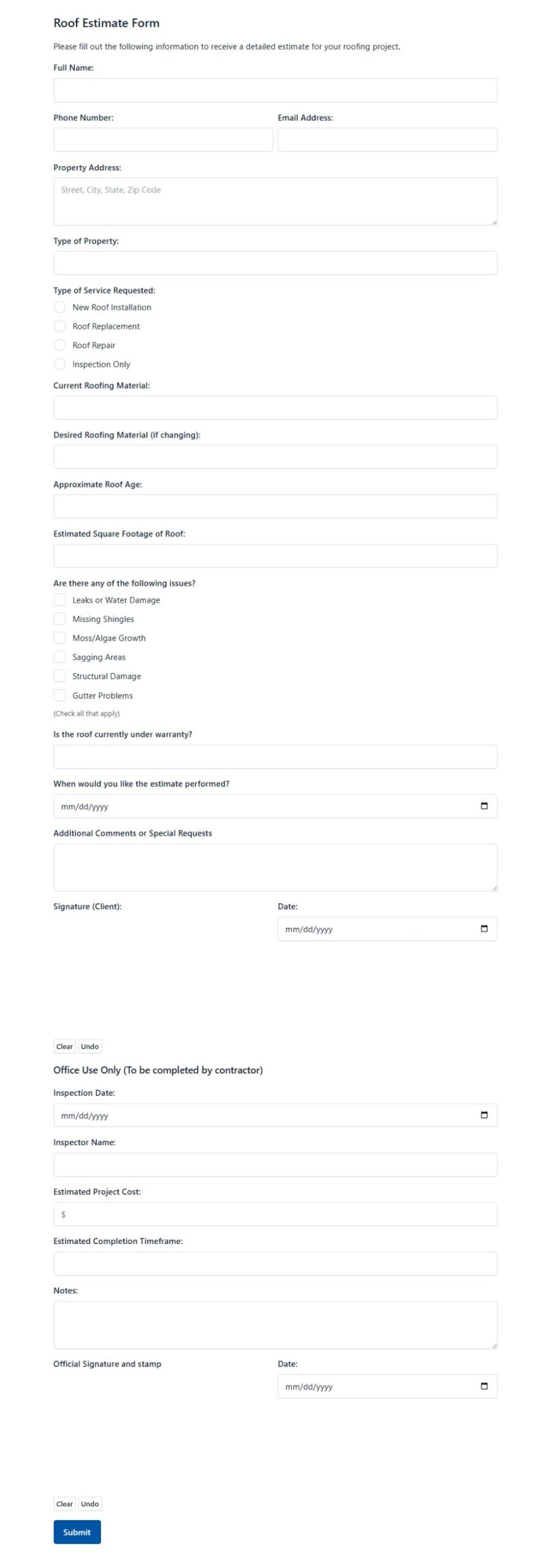 Roof Estimate Form