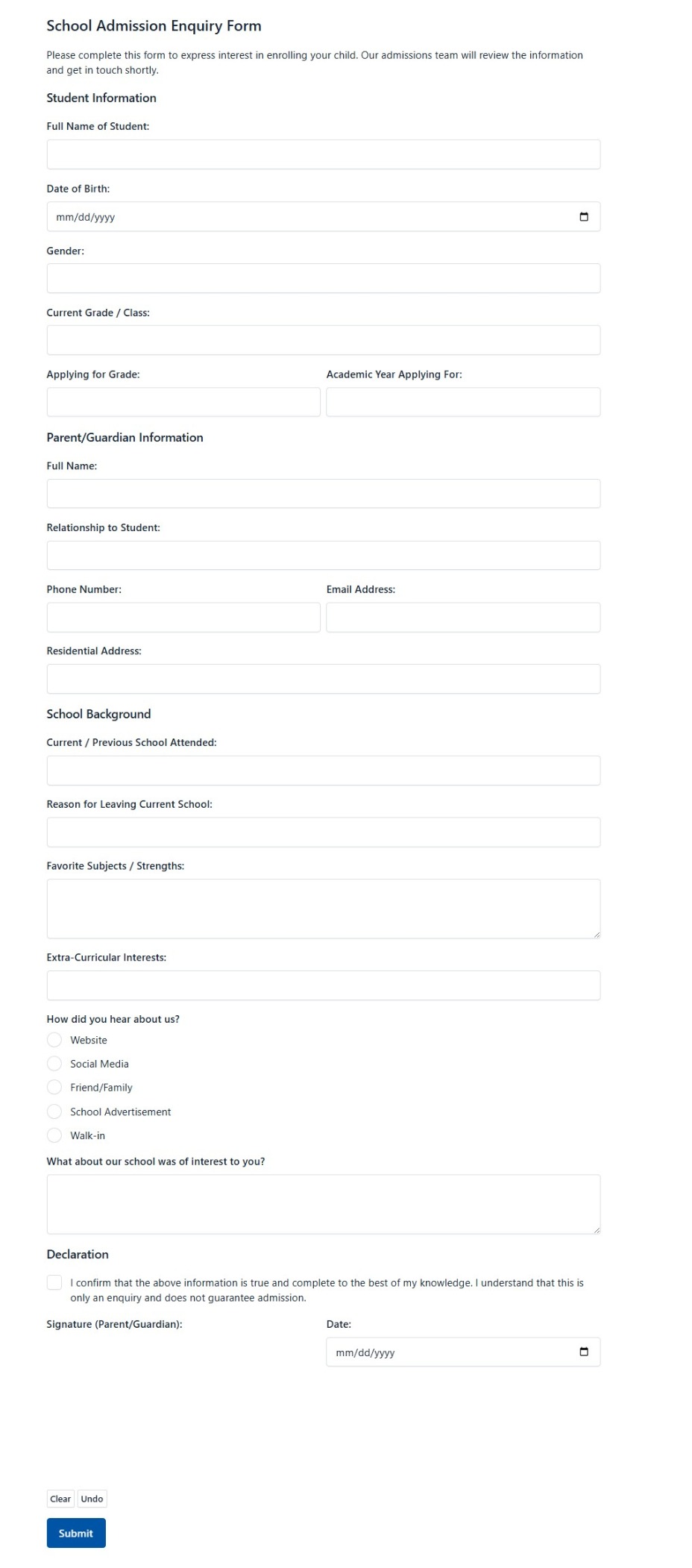 School Admission Enquiry Form