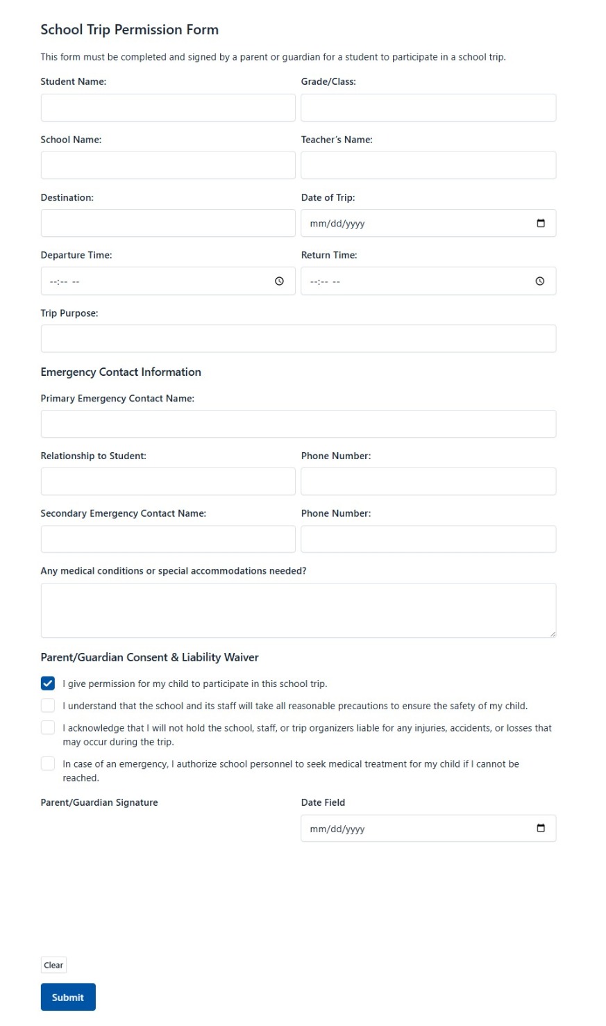 School Trip Permission Form