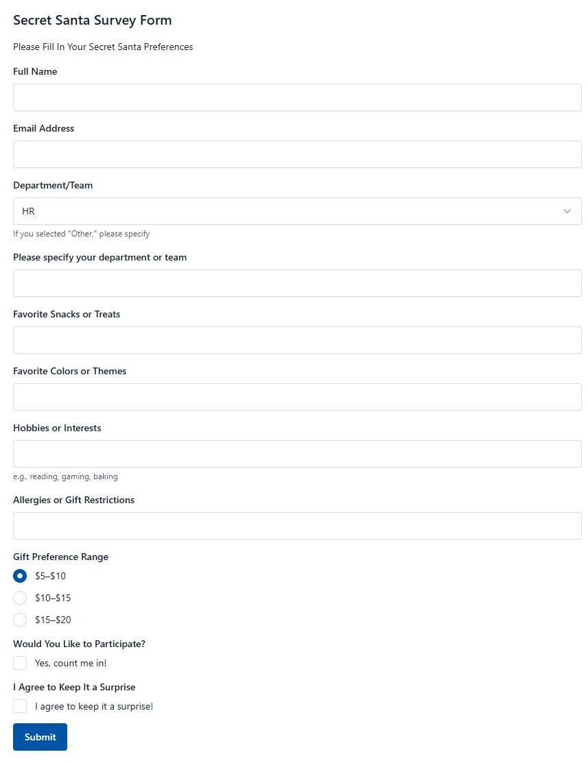 Secret Santa Survey Form
