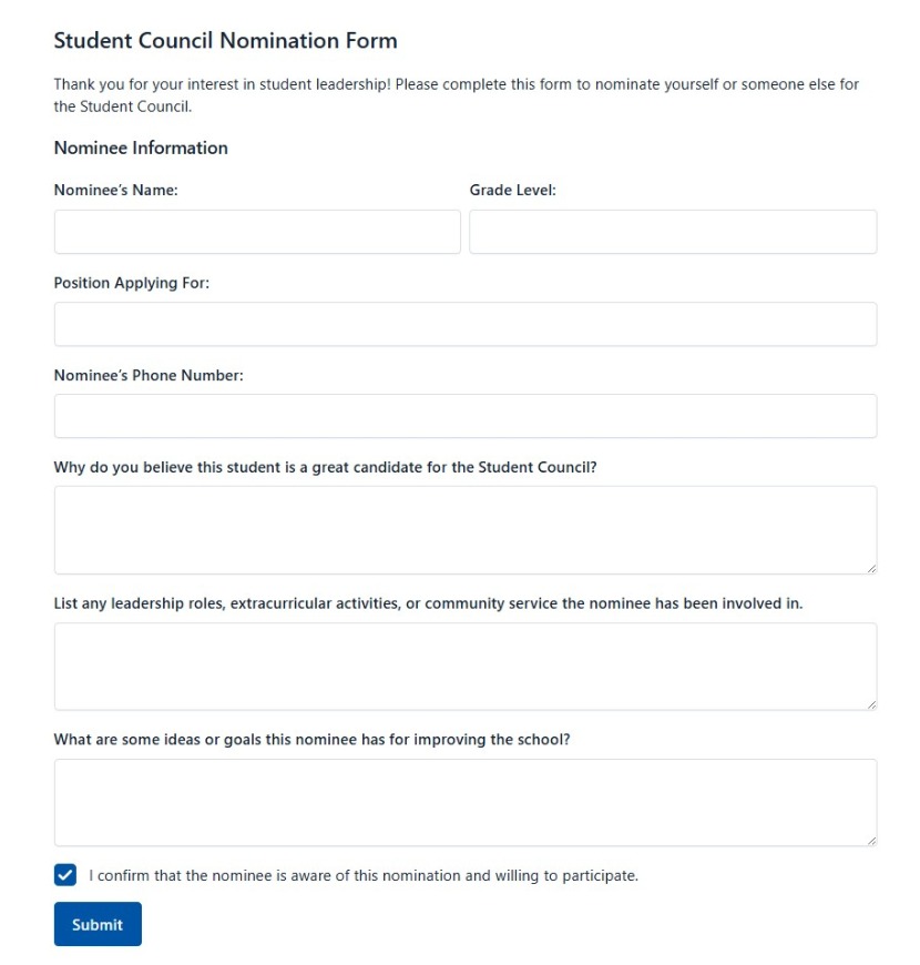 Student Council Nomination Form