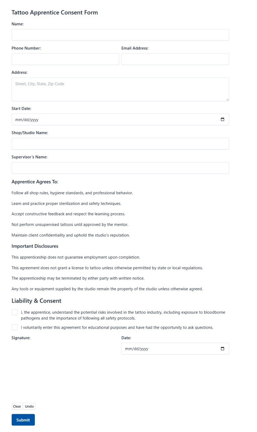 Tattoo Apprentice Consent Form