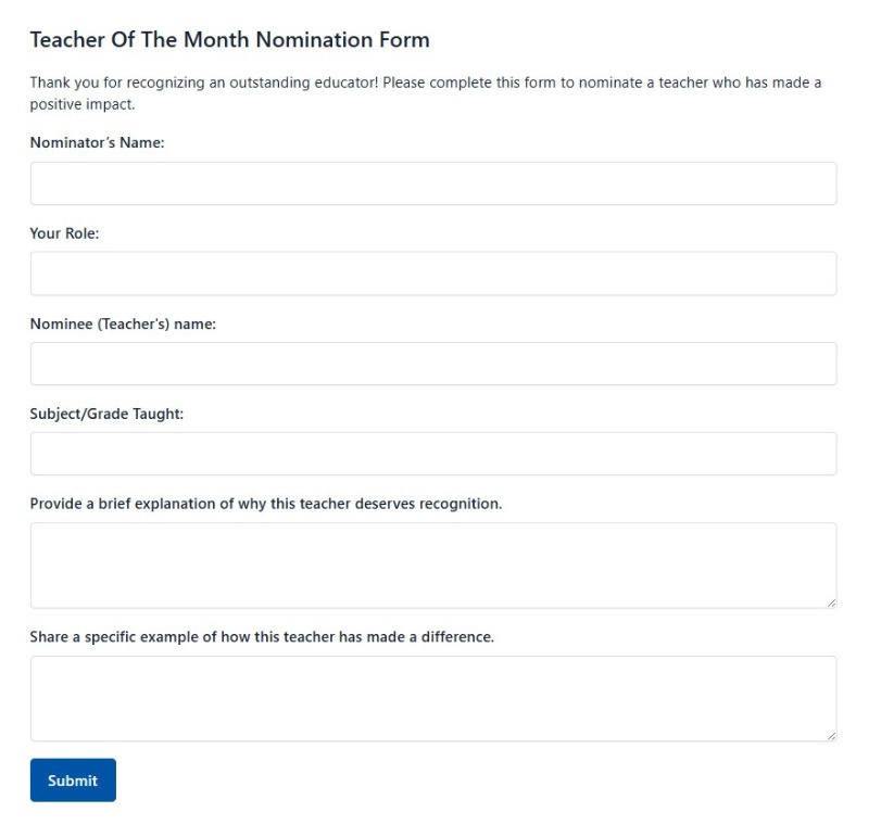 Teacher Of The Month Nomination Form