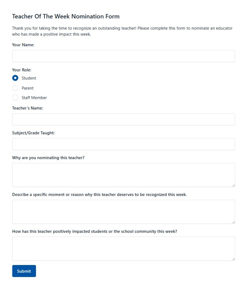Teacher Of The Week Nomination Form