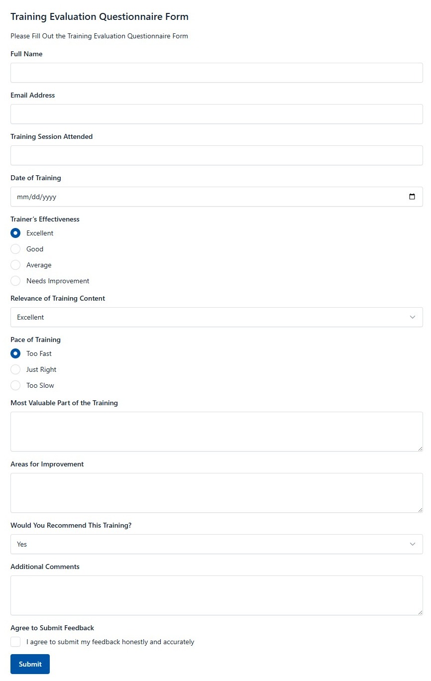 Training Evaluation Questionnaire Form