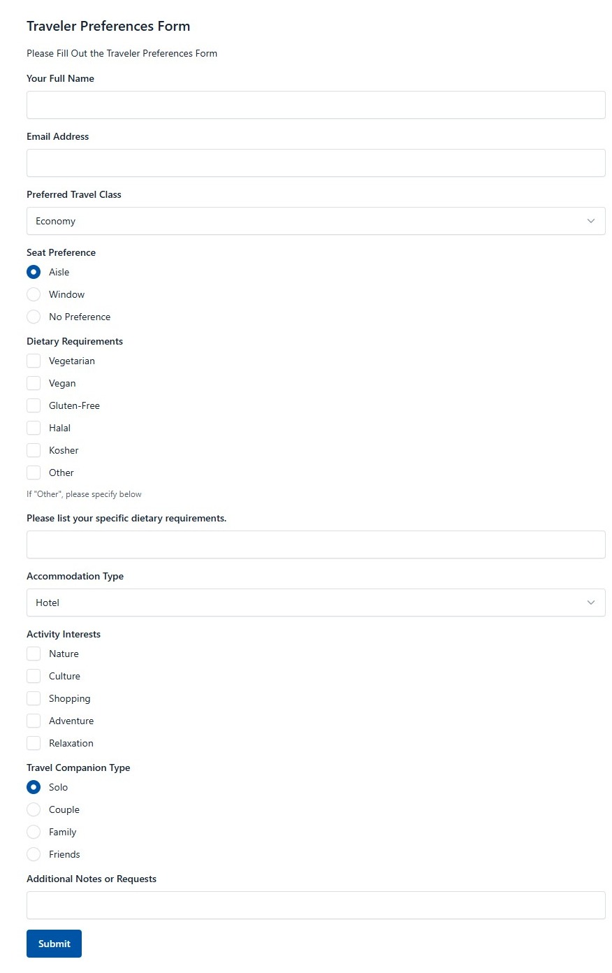 Traveler Preferences Form