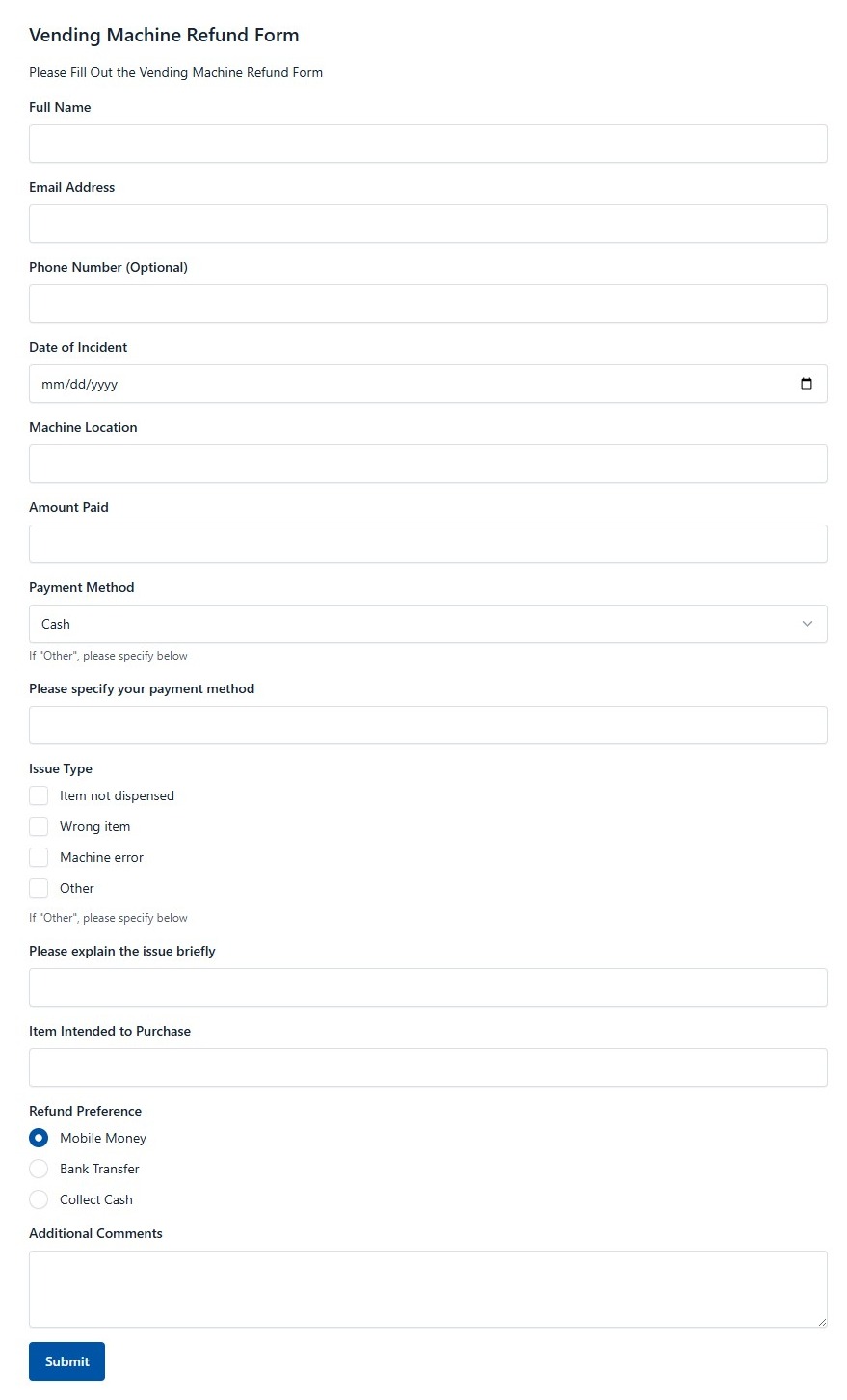 Vending Machine Refund Form