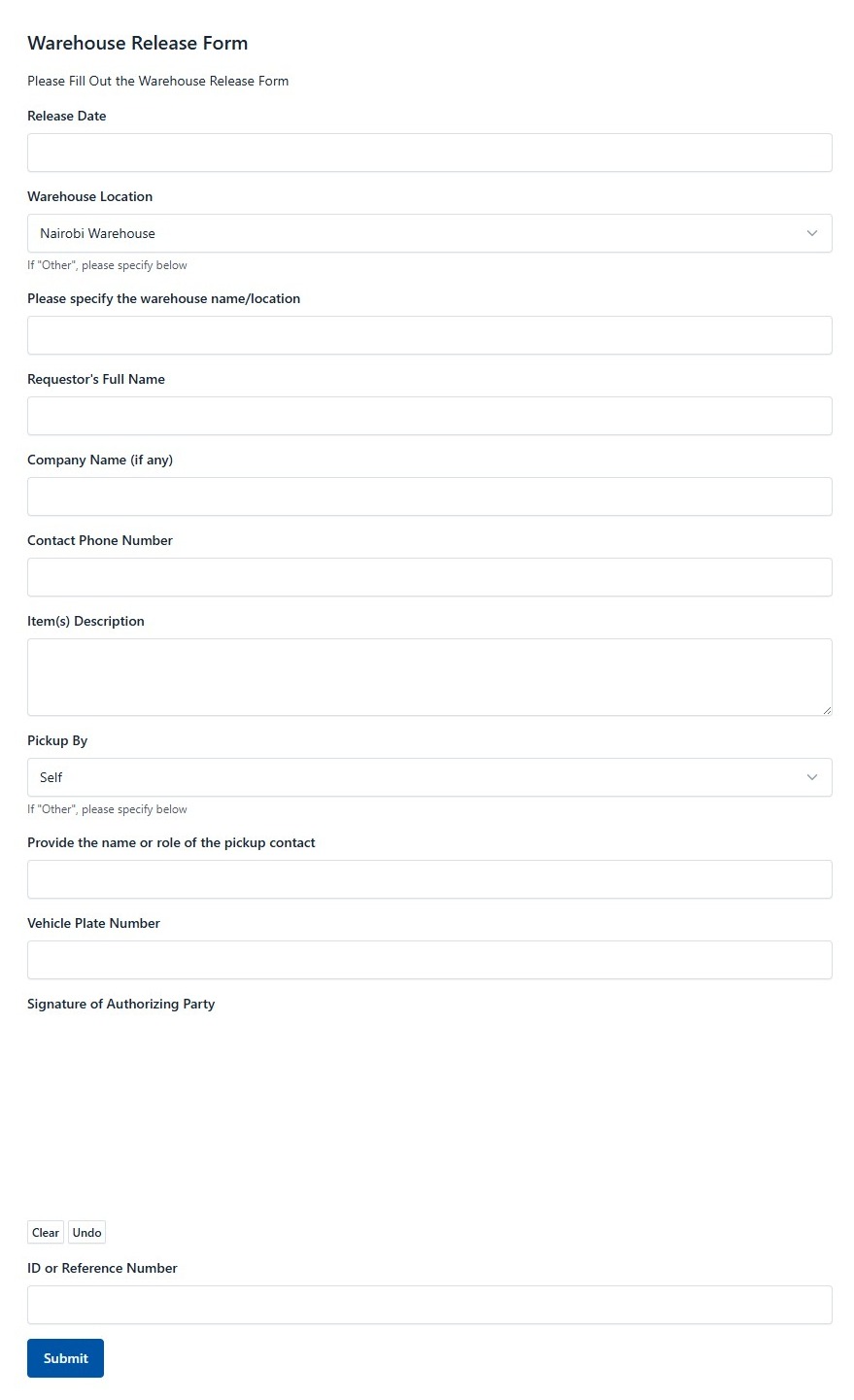 Warehouse Release Form