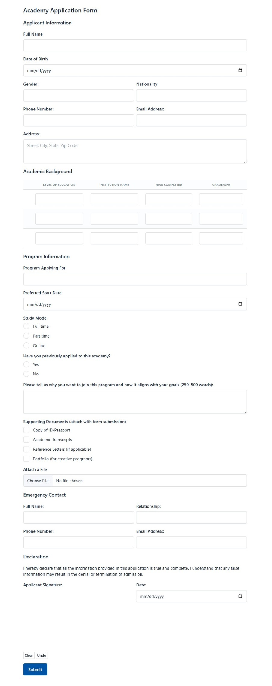 Academy Application Form
