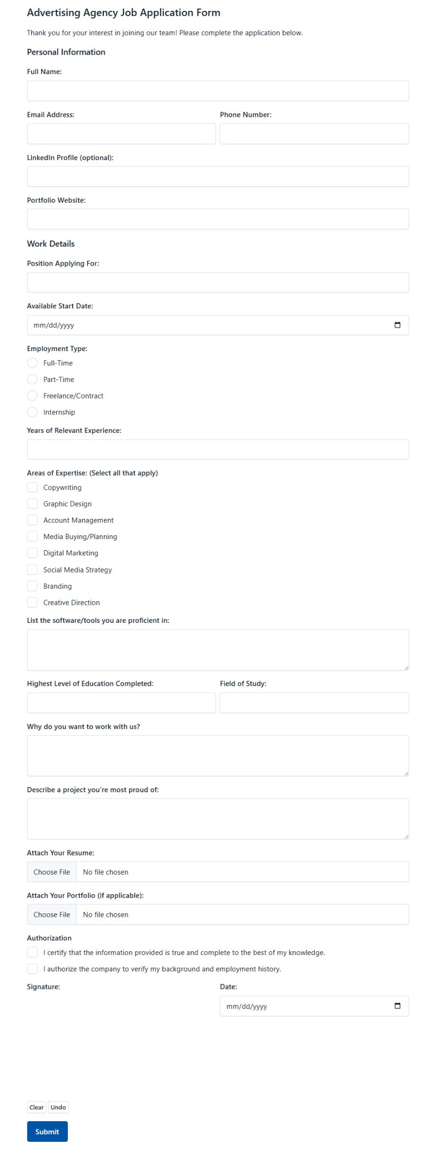 Advertising Agency Job Application Form
