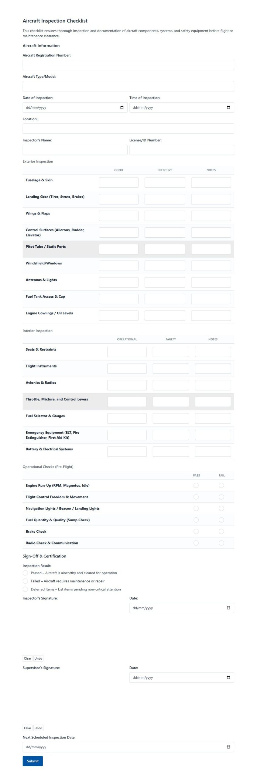 Aircraft Inspection Checklist