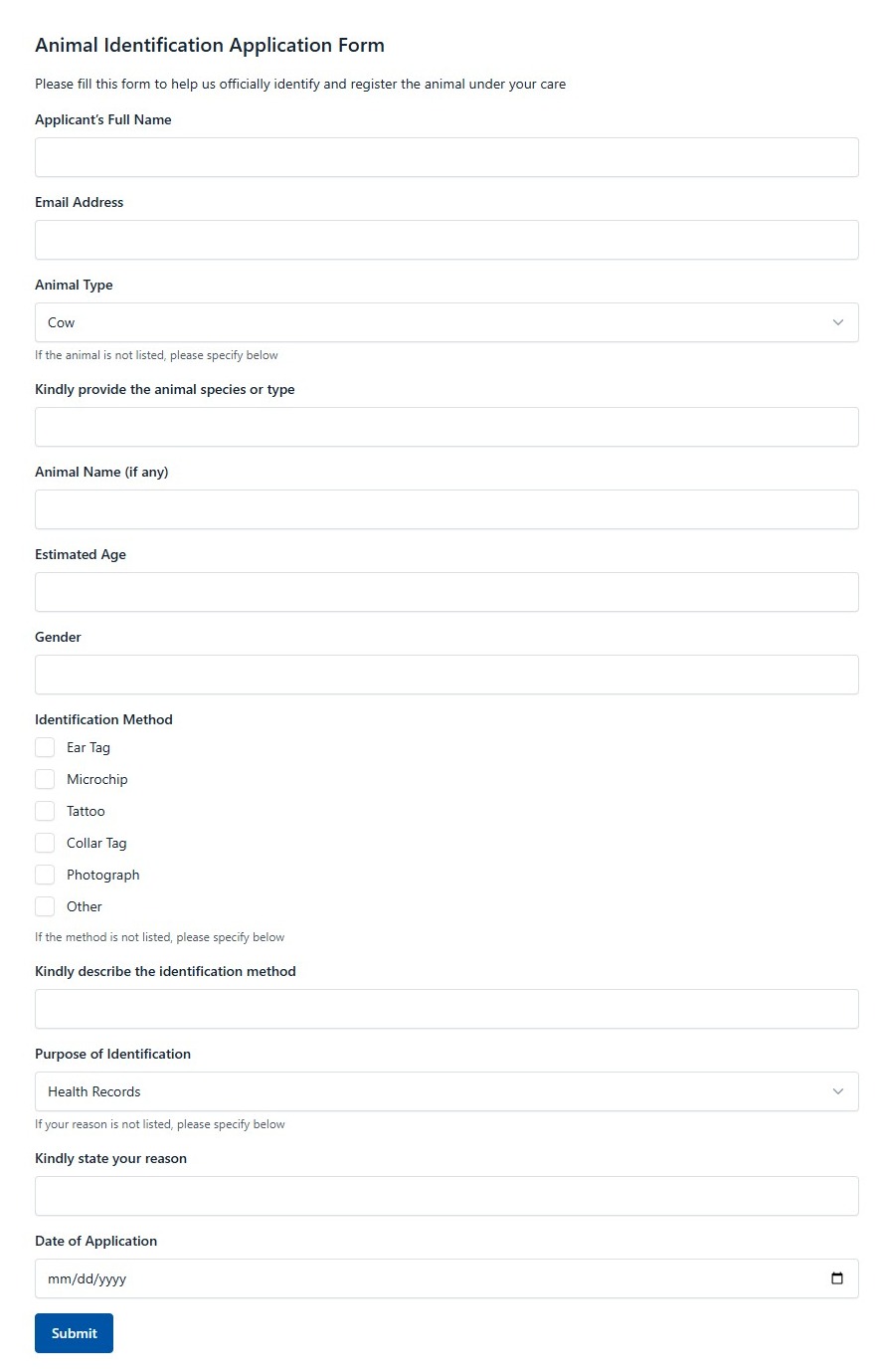 Animal Identification Application Form