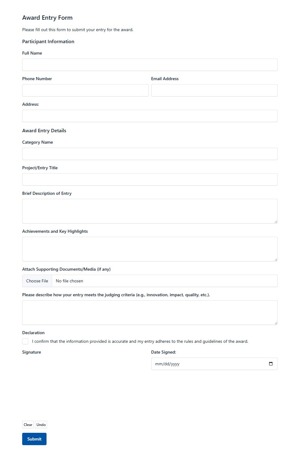 Award Entry Form